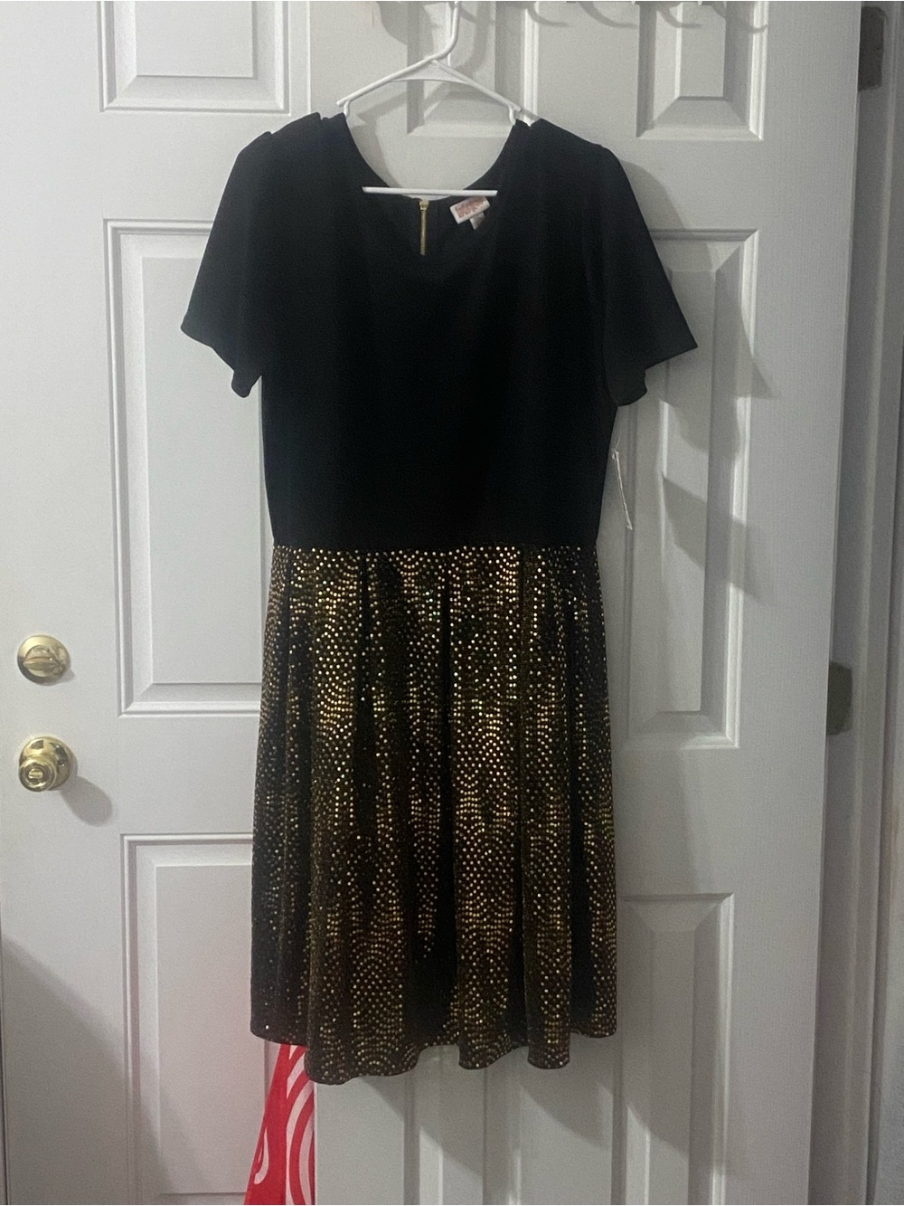 Lula Roe Amelia Black Dress with Gold Sequin Skirt